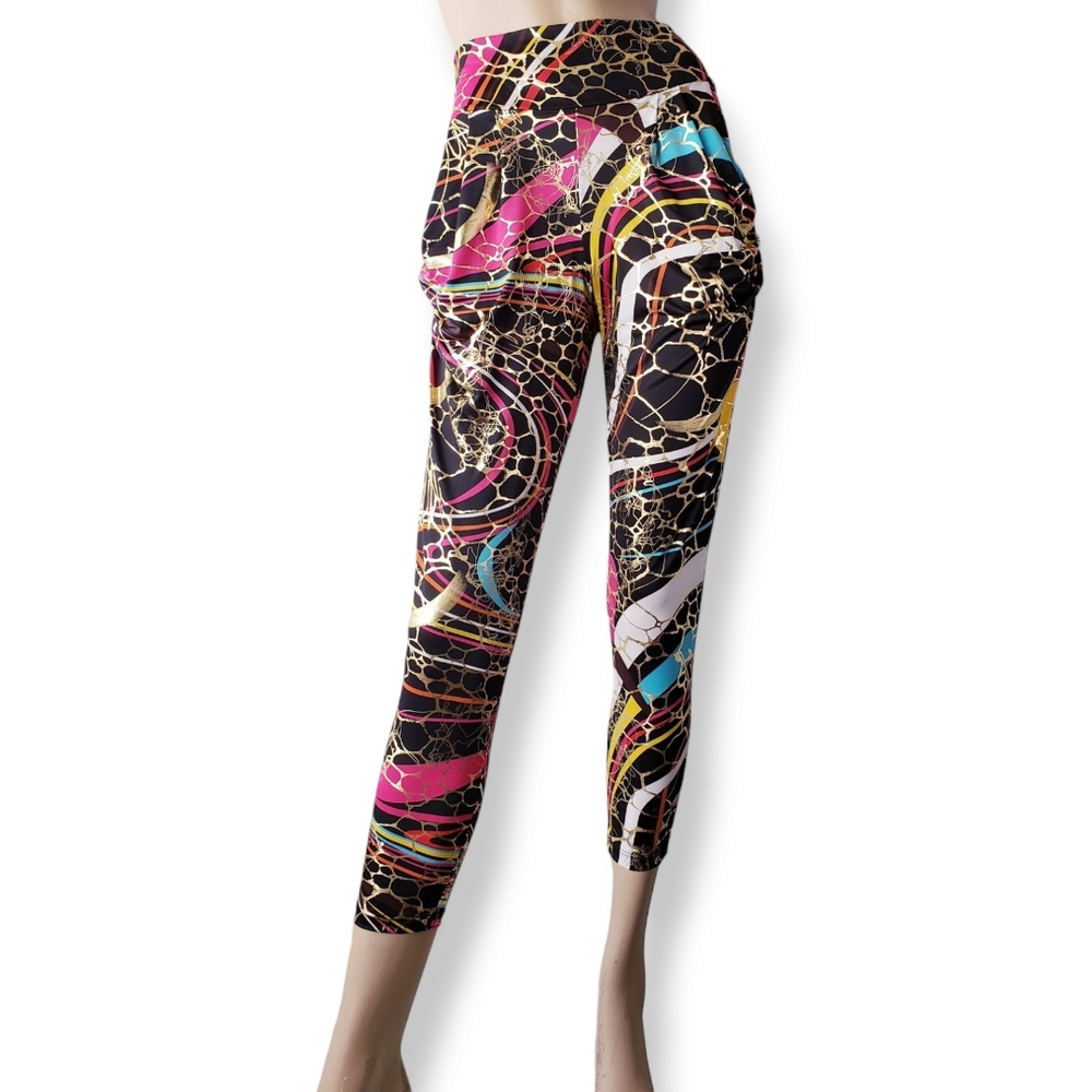 Urvana Black Pink & Gold Abstract  Harem-like Cropped Pants W/ Pockets Size Med